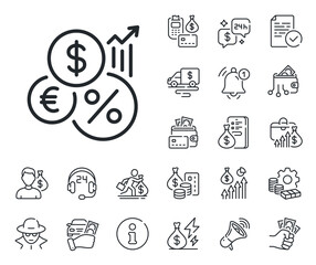 Money tax rate sign. Cash money, loan and mortgage outline icons. Inflation line icon. Financial interest symbol. Inflation line sign. Credit card, crypto wallet icon. Inflation, job salary. Vector