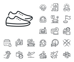 Sport footwear sign. Plane jet, travel map and baggage claim outline icons. Shoes line icon. Fashion sneakers symbol. Shoes line sign. Car rental, taxi transport icon. Place location. Vector