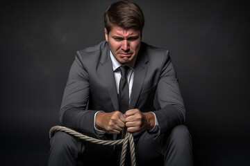Sad business man , almost crying , holding a rope in his hands , depression concept
