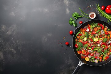Fresh vegetables during meal preparation in a frying pan - 643638370