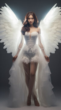 Smiling asian woman, wedding dress angel costume, standing full body view