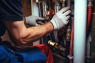 Plumber conducts an inspection and repairs the central heating system - obrazy, fototapety, plakaty