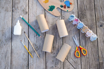 Kids craft bunnies out of recycling toilet paper roll, zero waste concept. Step by step instruction...
