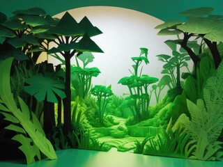 3D multilayered amazonian landscape. Multidimensional Kirigami in minimalist green. background in arigami style