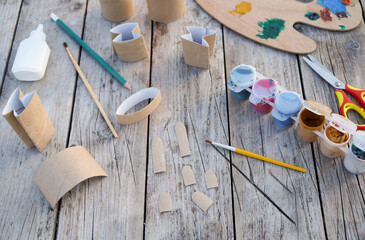 Kids craft bunnies out of recycling toilet paper roll, zero waste concept. Step by step instruction...