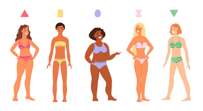 Figures types. Beautiful women in lingerie. Various female body proportions. Lady appearance. Apple or pear shape. Triangle, rectangle and sand molds. Girls in bikini. Garish vector set