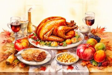 Naklejka na ściany i meble Watercolor Holiday Feast: Thanksgiving Tradition