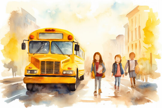 School Bus and Backpacks in Watercolor