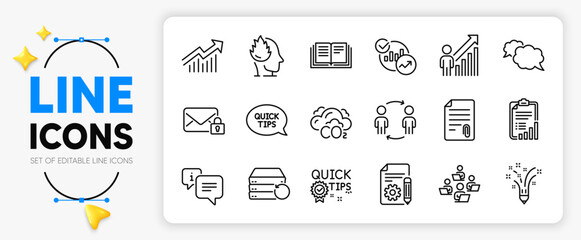 Messenger, Recovery server and Checklist line icons set for app include Stress, Attachment, Documentation outline thin icon. Demand curve, Teamwork, Quick tips pictogram icon. Co2. Vector