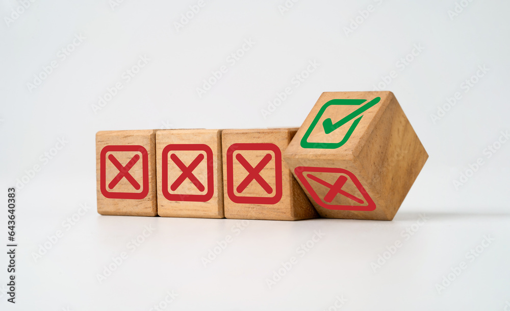 Poster Flipping of wooden block cube change from incorrect or cross mark to correct or tick mark for reject and approve document and business project concept.