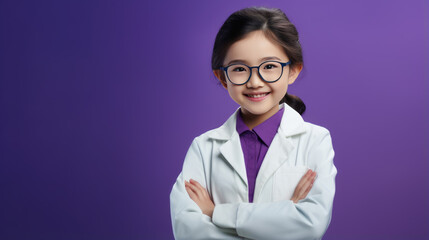 Portrait of a young girl scientist against the purple background