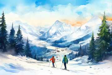 Fototapeta na wymiar Skiing in Watercolor Wonderland