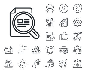 Copyright sign. Salaryman, gender equality and alert bell outline icons. Check article line icon. Magnifying glass symbol. Check article line sign. Spy or profile placeholder icon. Vector