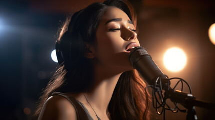 Young woman singing against a dark background with dimmed lights