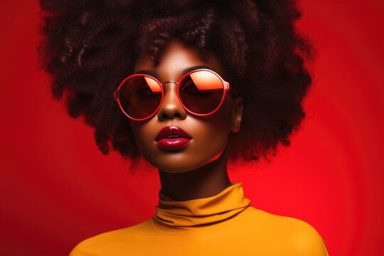 Closeup portrait of a glamorous woman with artistic makeup on red background. African female model with brunette curly hair wearing funky sunglasses