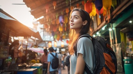 Fototapeta na wymiar A young Asian traveler walks in an outdoor market in Bangkok, Thailand.