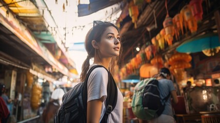 Fototapeta na wymiar A young Asian traveler walks in an outdoor market in Bangkok, Thailand.