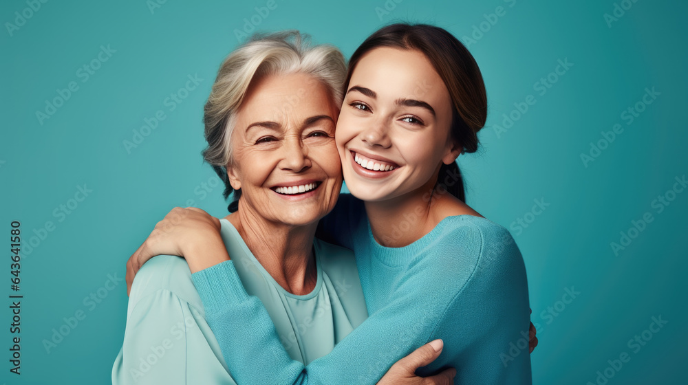 Canvas Prints Happy mother and daughter smiling and hugging against the blue background.