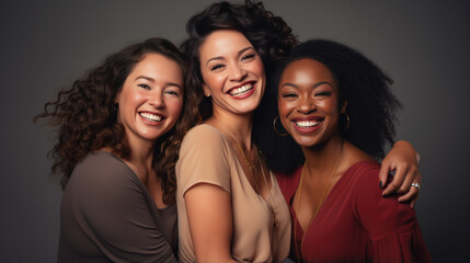 Fototapeta premium Multi Ethnic Group of Womans with diffrent types of skin together against beige background.
