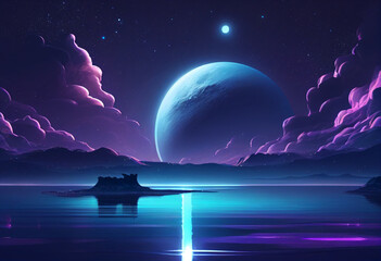 Neptune in sky at night background asset game 2D futuristic generative ai - obrazy, fototapety, plakaty