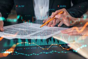 Businesspeople in formal wear taking notes signing contract at office workplace. Concept of important working moments, document sign, working process, concentration. Hands shot. Financial charts