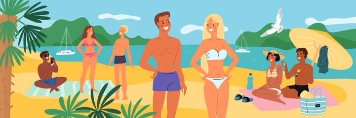 Happy guys and girls on beach. Summer holidays. People in swimsuits smear SPF cream. Friends group sunbathing on seashore. Tanned couples in bikini. Sea resort. Garish vector concept