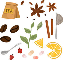 Hot drink. Coffee beans. Tea bag. Leaves and anise. Lemon piece. Aroma additives. Cinnamon and raspberry. Stevia sweetener. Sieve and spoon for beverage preparation. Vector elements set