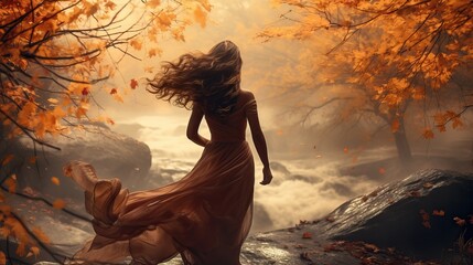 Woman wearing a dress, walking to a riverside on a windy autumn day