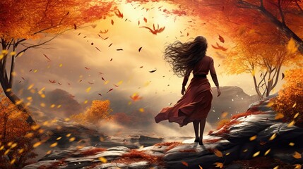 Woman wearing a dress, walking to a riverside on a windy autumn day - obrazy, fototapety, plakaty