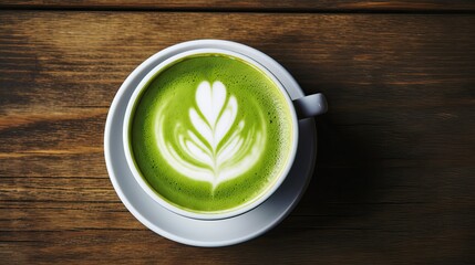 Cup of matcha tea latte on a rustic wooden table, top view