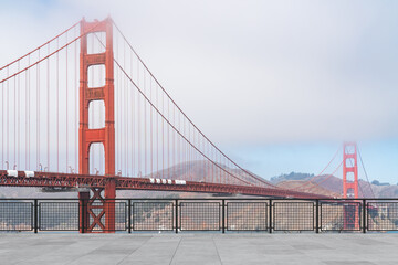 Fototapeta na wymiar San Francisco Skyline Golden Gate bridge. Beautiful landmark. Day time. Empty rooftop View. Success concept.