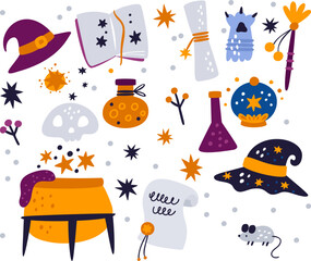 Magic tools. Alchemy accessories. Wizards stuff. Spell book. Potion cauldron. Poison glass flask. Witches hat. Magical wand. Cat and mouse. Divination ball. Vector fairytale elements set