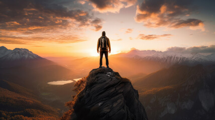Silhouette of a man on top of a mountain - obrazy, fototapety, plakaty