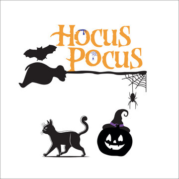 Halloween Theme, isolated vector icons, Flying Broom, Bat, Black Cat, Hocus Pocus, Pumpkin