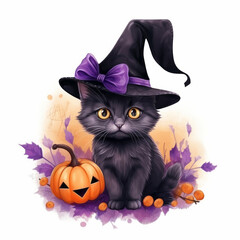 Adorable black watercolor cat with violet hat and autumnal accents. Halloween concept