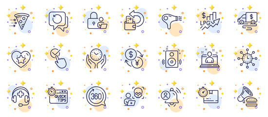 Outline set of Cyber attack, Lock and Ranking star line icons for web app. Include Quick tips, Hair dryer, User notification pictogram icons. Best manager, Cash transit, Safe time signs. Vector