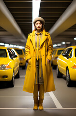 Person in the parking garage in the style of energetic. The yellow color, waiting for someone,...