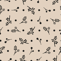 Vector seamless pattern with black flowers, branches and dots. Perfect for card, fabric, tags, invitation, printing, wrapping.