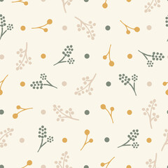 Vector seamless pattern with simple flowers, branches and dots.  Perfect for card, fabric, tags, invitation, printing, wrapping. 