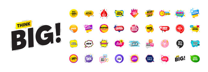 Discount offer sale banners pack. Promo price deal stickers. Special offer 3d speech bubble. Promotion flash coupons. Mega discount deal banners. Sale chat speech bubble. Ad promo message. Vector