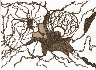 Neuroart with an image of a sleeping girl and an eye watching over her