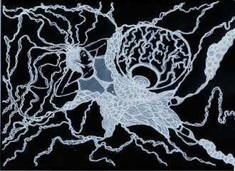 Neuroart with an image of a sleeping girl and an eye watching over her