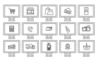 Shoping E-Commerce Icons, the shopping icon appears on the computer line design, store vector icon, illustration sign collection. Shop pacage symbol. Shoping logo, Set line Earring, 
