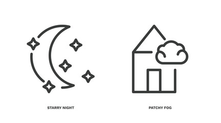 set of weather thin line icons. weather outline icons included starry night, patchy fog vector.