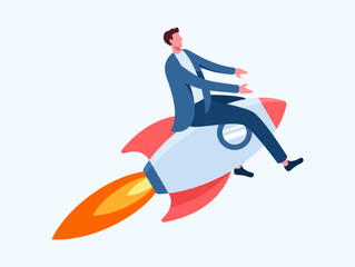 Bussines Rocket Roncept Flat Design, businessman flying on a rocket on blue sky background, business concept startup, Start up image,businessman riding on rocket,vector illustration