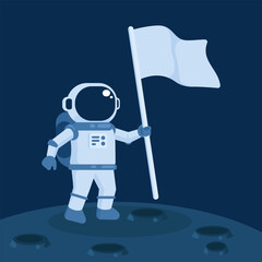 astronout in space with flag, cosmonaut wearing spacesuits isolated cartoon character on dark background. Cosmos exploring, cosmic mission. Crew member of spacecraft