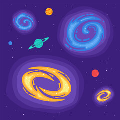 Shiny milky way spiral galaxy universe stars, Bright blue yellow red stars with cosmos space galaxy star dust vector illustration