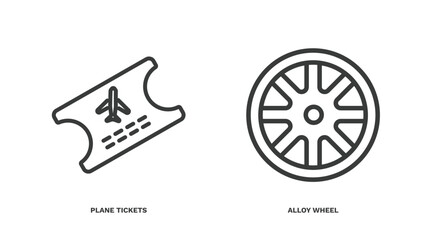 set of transportation thin line icons. transportation outline icons included plane tickets, alloy wheel vector.