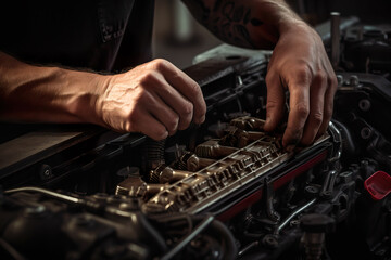 Mechanic hands fixing the inside of an engine