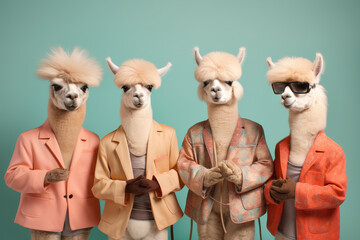 four alpacas dressed in in bright colored clothes 
